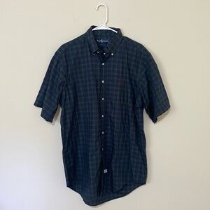 Men’s Ralph Lauren Navy Blue Checkered Casual Button Down Short Sleeve Shirt